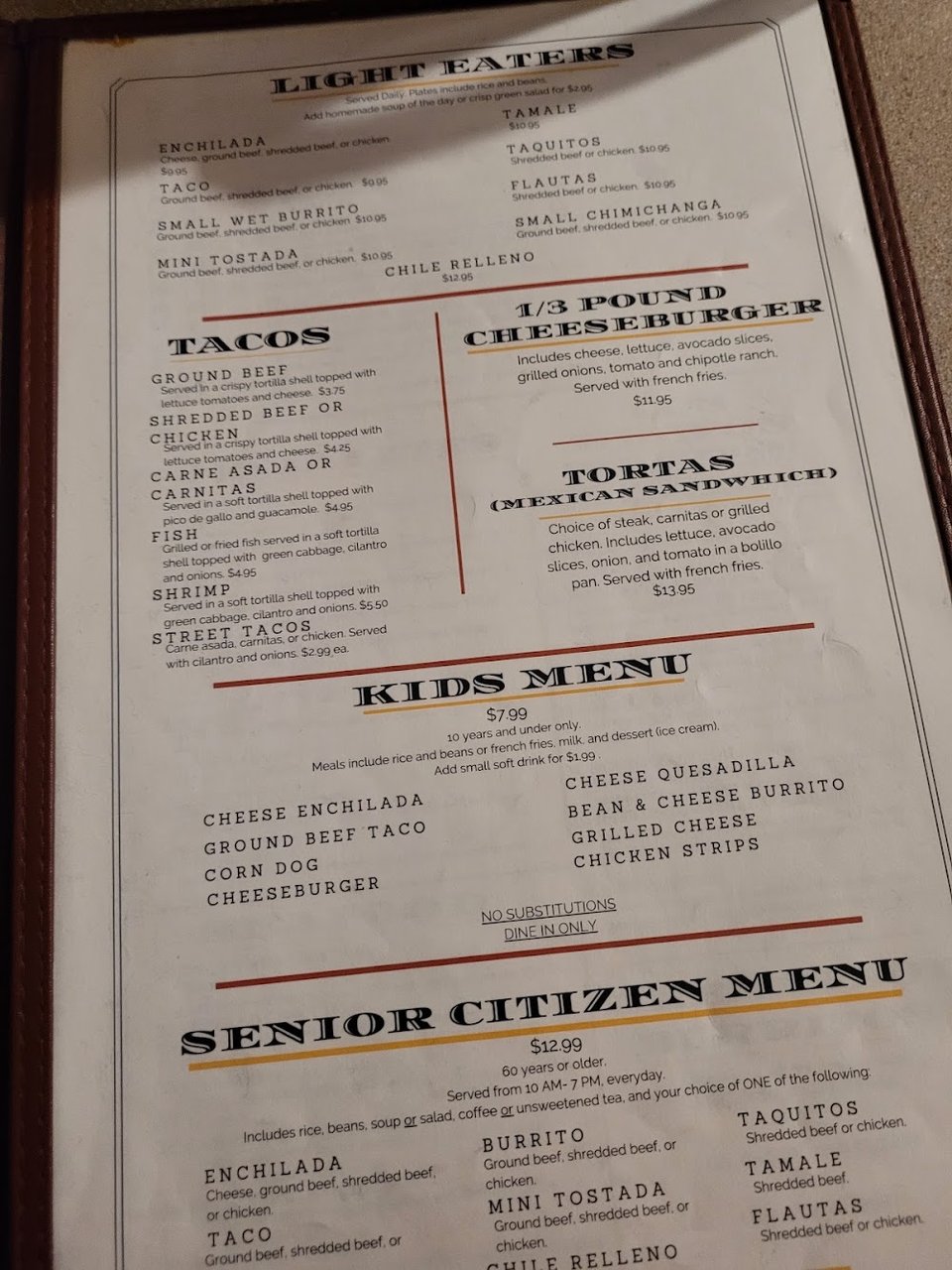 Menu layout with breakfast, lunch, and dinner options.