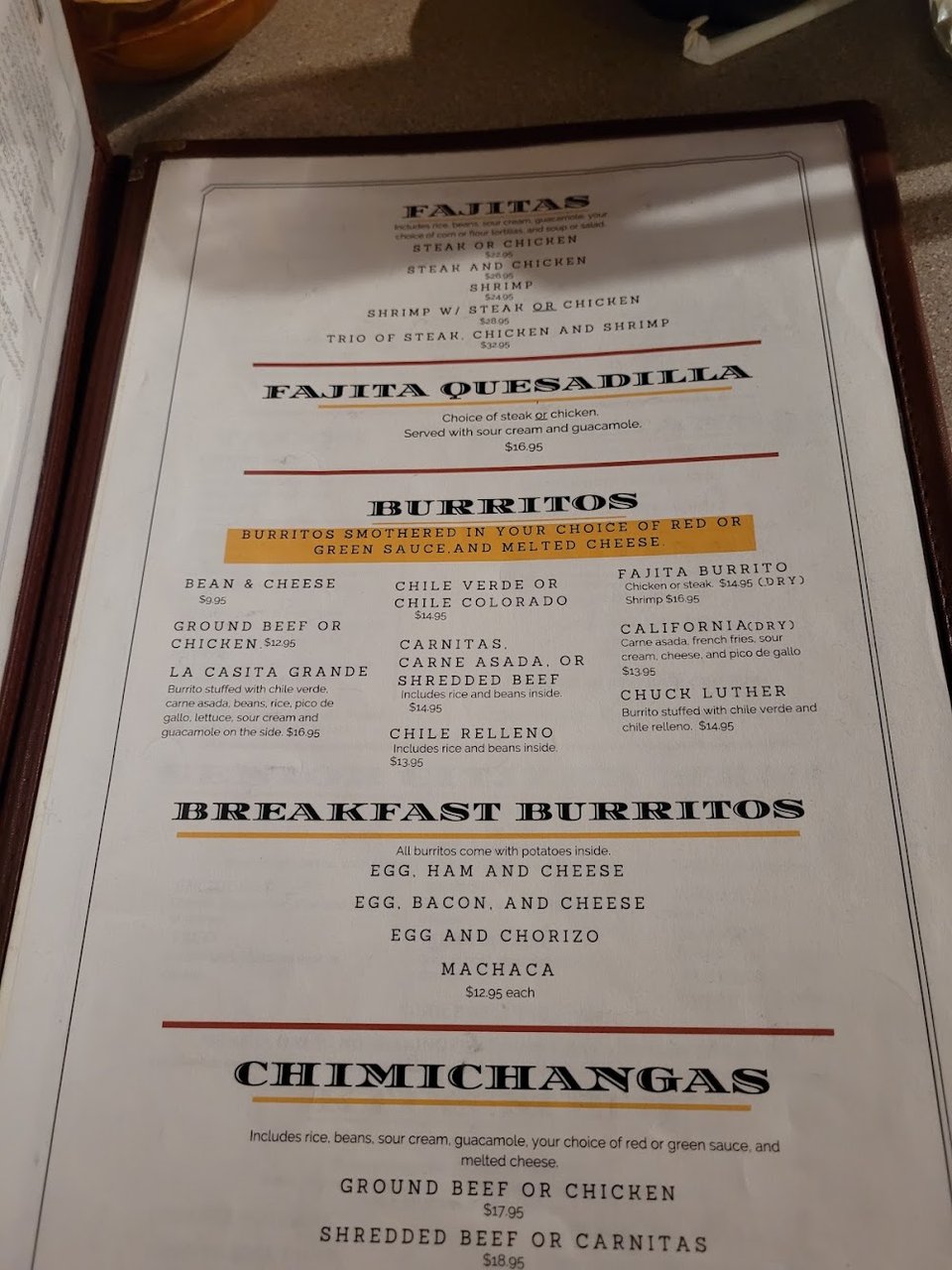 Menu page with tacos, burritos, and soups.